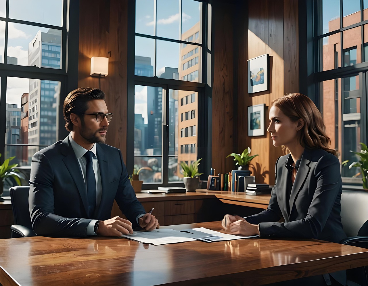 ai generated, interviewer, applicant, scene, office, job, work, hiring, hire, furniture, room, table, business, suit, interview, professional, portfolio